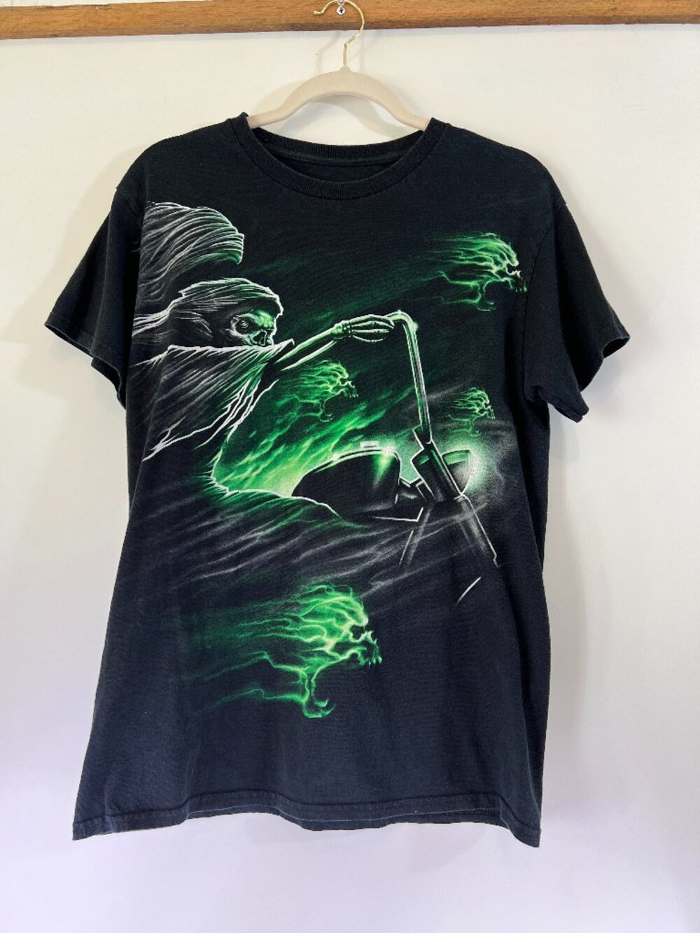 Rare Vintage Green Flames Demon Biker T Shirt Mens S M Motorcycle Skull Gothic
